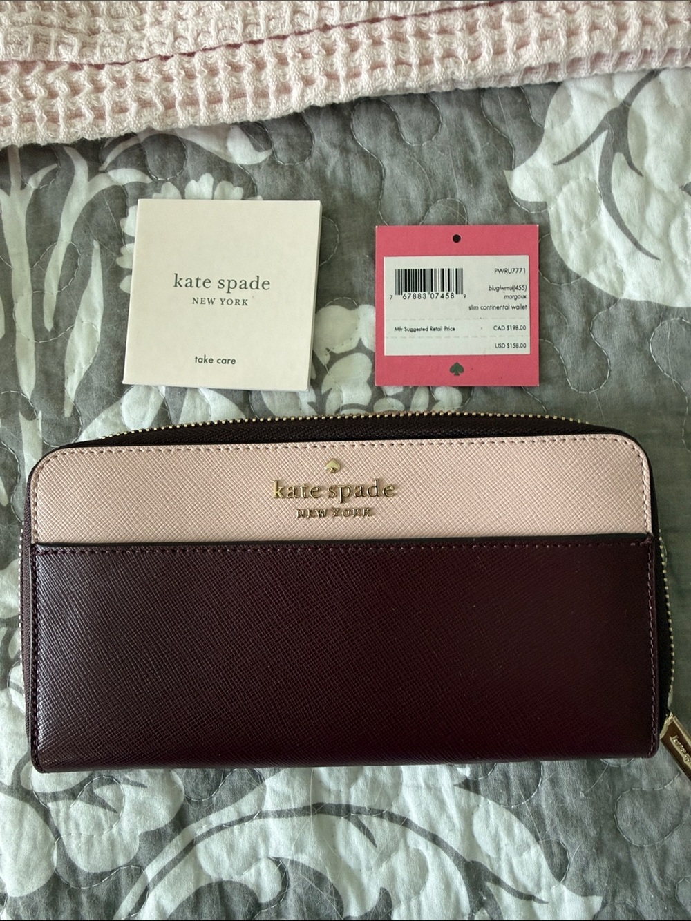kate spade Two-Tone Blush Pink and Burgundy Zip Continental Wallet NWT